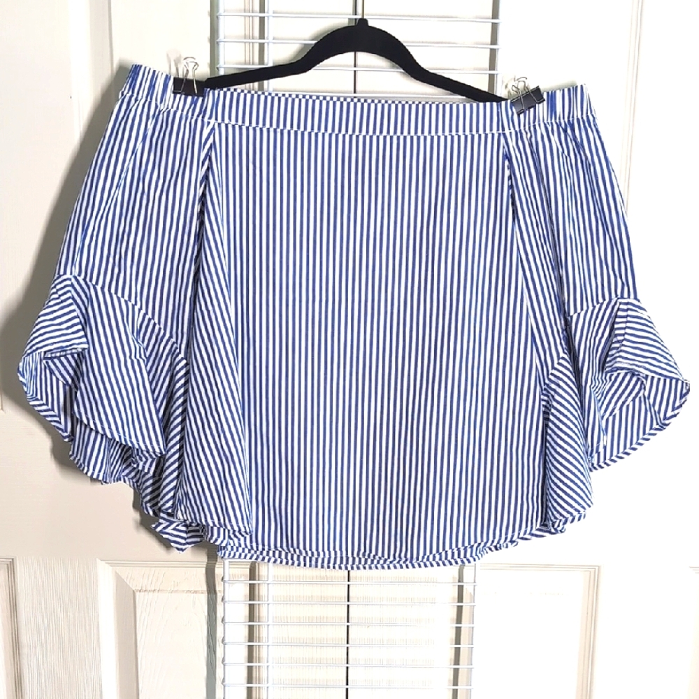 Heart Soul Medium Blue & White Striped Off The Shoulder Ruffle Sleeve Blouse